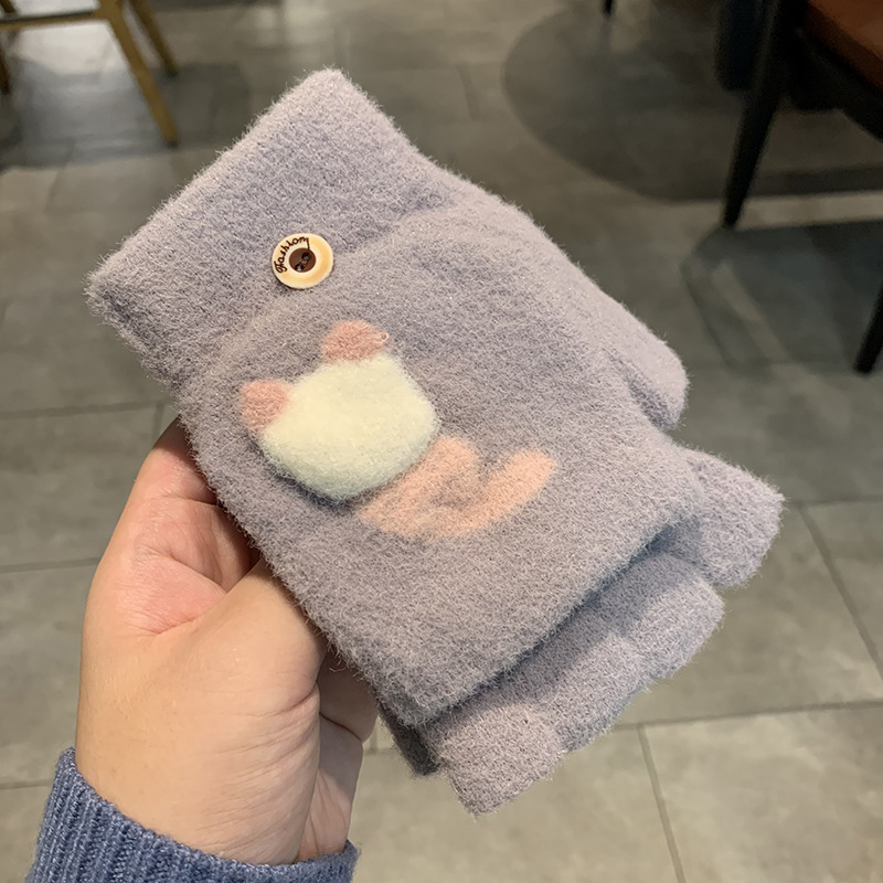 Adorable espalda gato felpa flip top medio dedo guantes mujeres invierno más peluche mantener caliente estudiante mostrar dedo otoño paseo hipster Item Picture