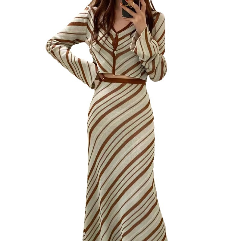 Korean chic gentle V-neck two-button slim short knitted sweater + high waist and hip striped skirt set for women Item Picture