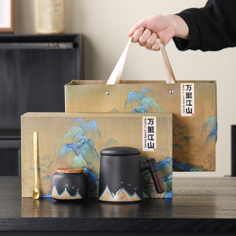 New Chinese-style coarse earthenware office cup, kung Fu tea brewing set, high-end and upscale tea set gift box, business souvenir Application Scenario