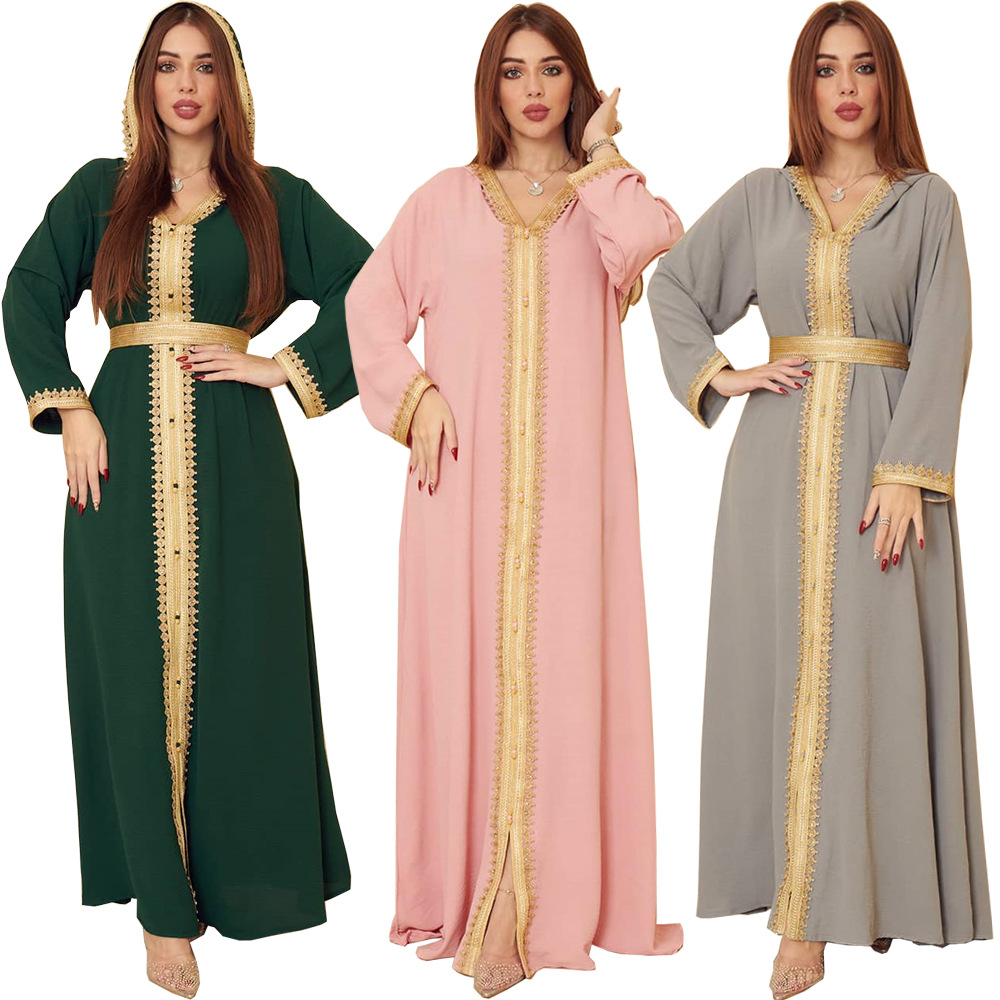 AB183 Middle East Asian hemp green Muslim Saudi Arabia hooded women's dress abaya full skirt thumbnail