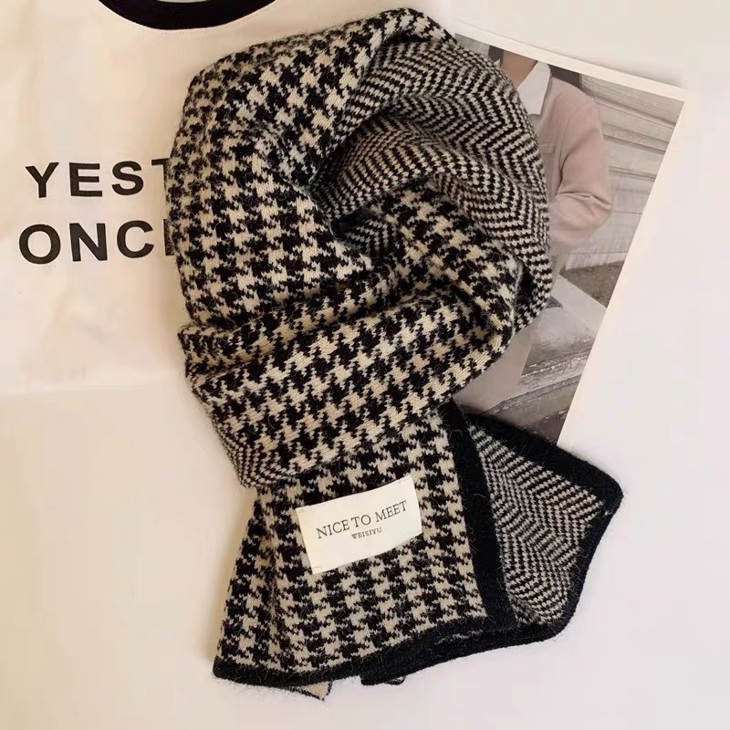 Thickened Warm Thousand Bird Lattice Scarf New Student All-Match Female Autumn Winter Solid Color High Love Knit Neck