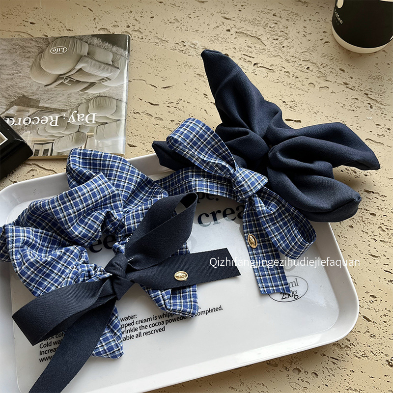 New high-intelligence style ~ Blue retro checkered square scarf large intestine hair tie, fashionable denim webbing bow hair tie