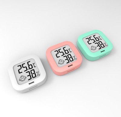 Mini thermometer and hygrometer with smiling face and double-sided tape