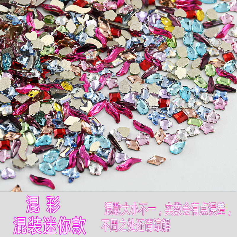 Mixed set of K9 glass super shiny mini irregular-shaped flat-bottomed diamond small white colored champagne nail drill nail accessories details Picture
