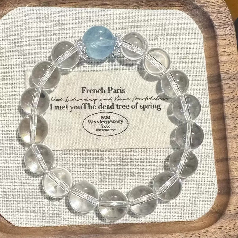 Natural white crystal round bead 12mm single-loop bracelet paired with aquamarine single-bead bracelet for women's accessories is fresh and fashionable details Picture