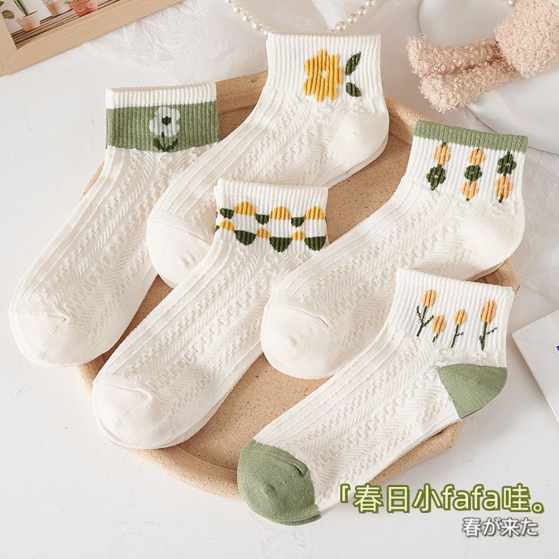 森系小花袜子女短袜棉质ins潮流可爱日系吸汗透气中筒袜