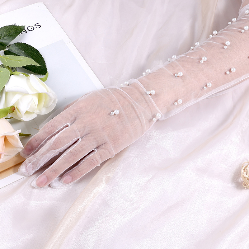 Guantes blancos de la boda del encaje guantes de novia de la boda dulce tamaño medio foto estudio accesorios guantes al por mayor 55cm Specification image
