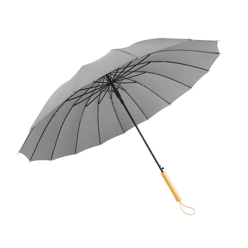 The 16-bone solid long-handled umbrella is a creative, fresh and simple solid-color wooden handle umbrella with a fixed logo. The advertising umbrella comes in multiple colors Item Picture