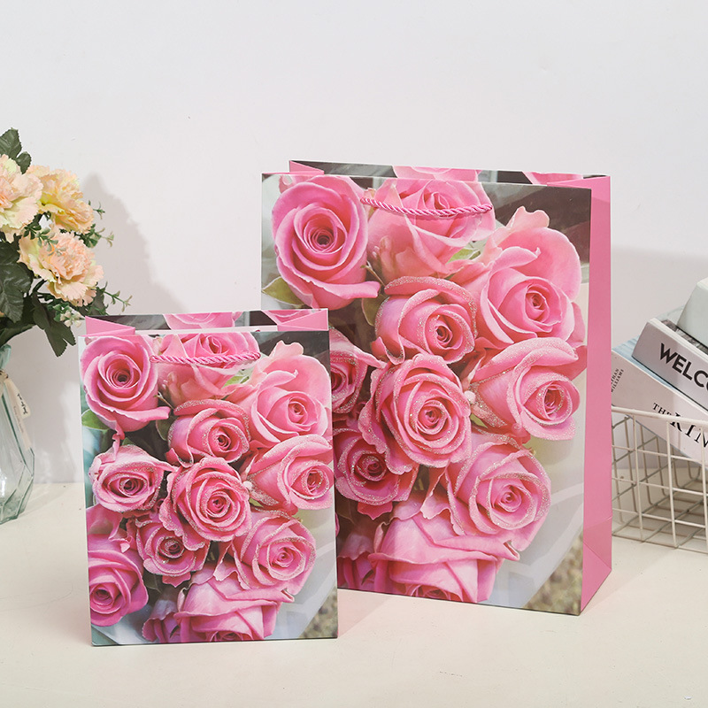 Ladies Pink Rose Gift Bag Tote Bag Paper Bag Clothing Shopping Bag Birthday Gift Return With Hand Gift South America details Picture