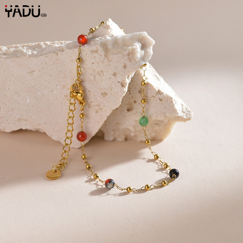 彩色水晶串珠脚链女 法式ins简约设计不锈钢女士足饰跨境钛钢饰品