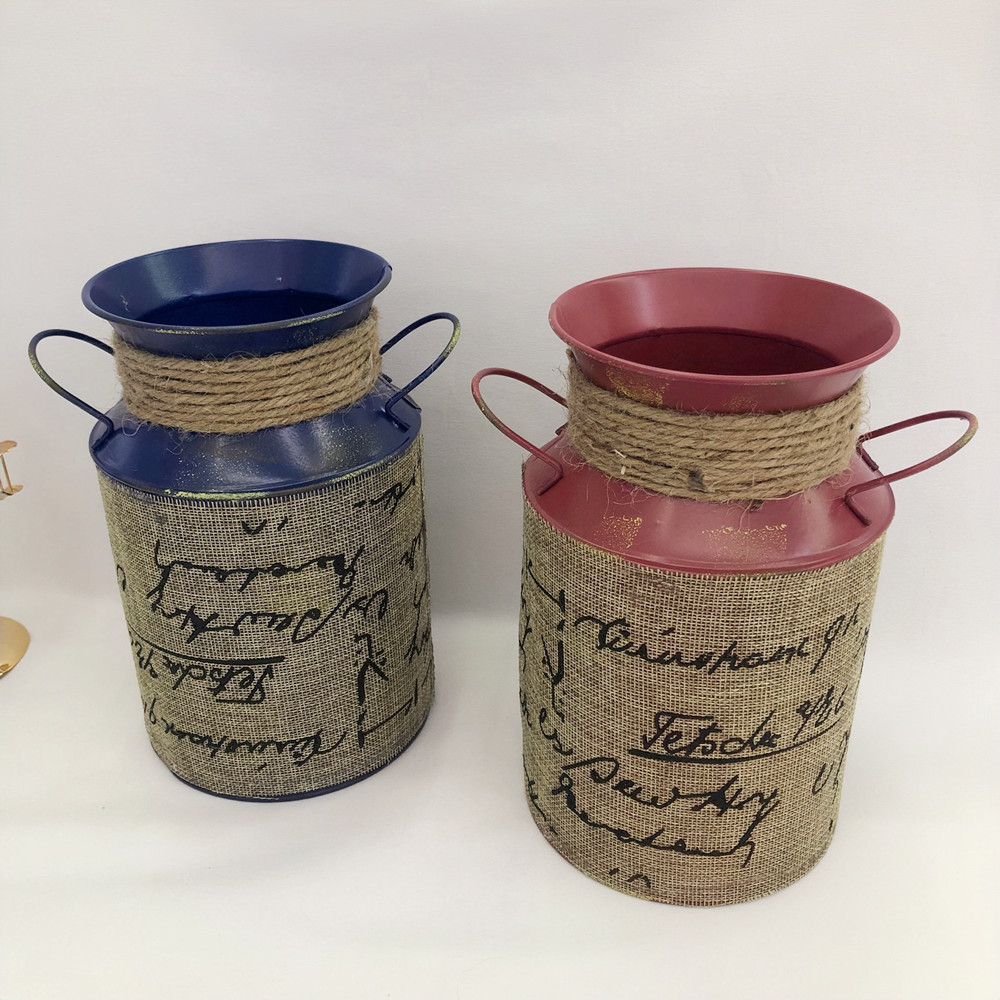 现货欧式复古大号包麻布铁桶/干花插花器客厅/家居装饰摆件摄影道具产品图