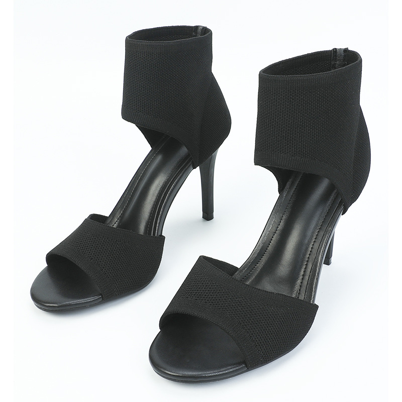 heels 2023新款欧美时装女鞋舒适超高跟显瘦黑色飞织细跟鱼嘴凉鞋详情图5