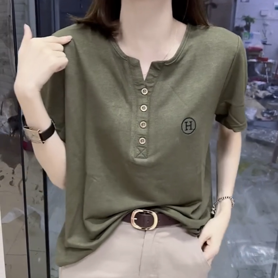 纯棉2023夏季新款韩版设计感洋气短袖女小扣剪简约大方韩版T恤衫