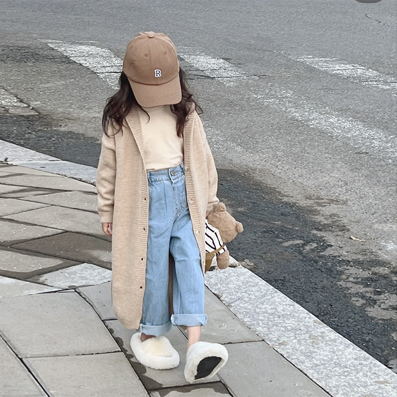 女童慵懒风针织开衫春秋新款洋气韩版宽松显瘦中长款毛衣连帽外套