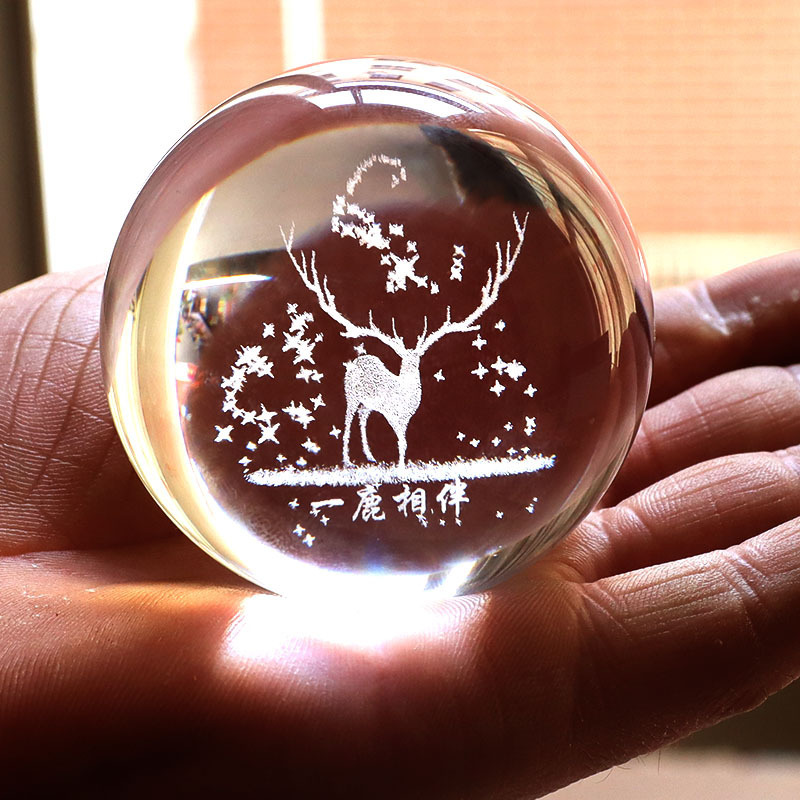 水晶玻璃白色透明多种图案可选内雕水晶球情人节礼物装饰品玻璃球一鹿有你详情图2