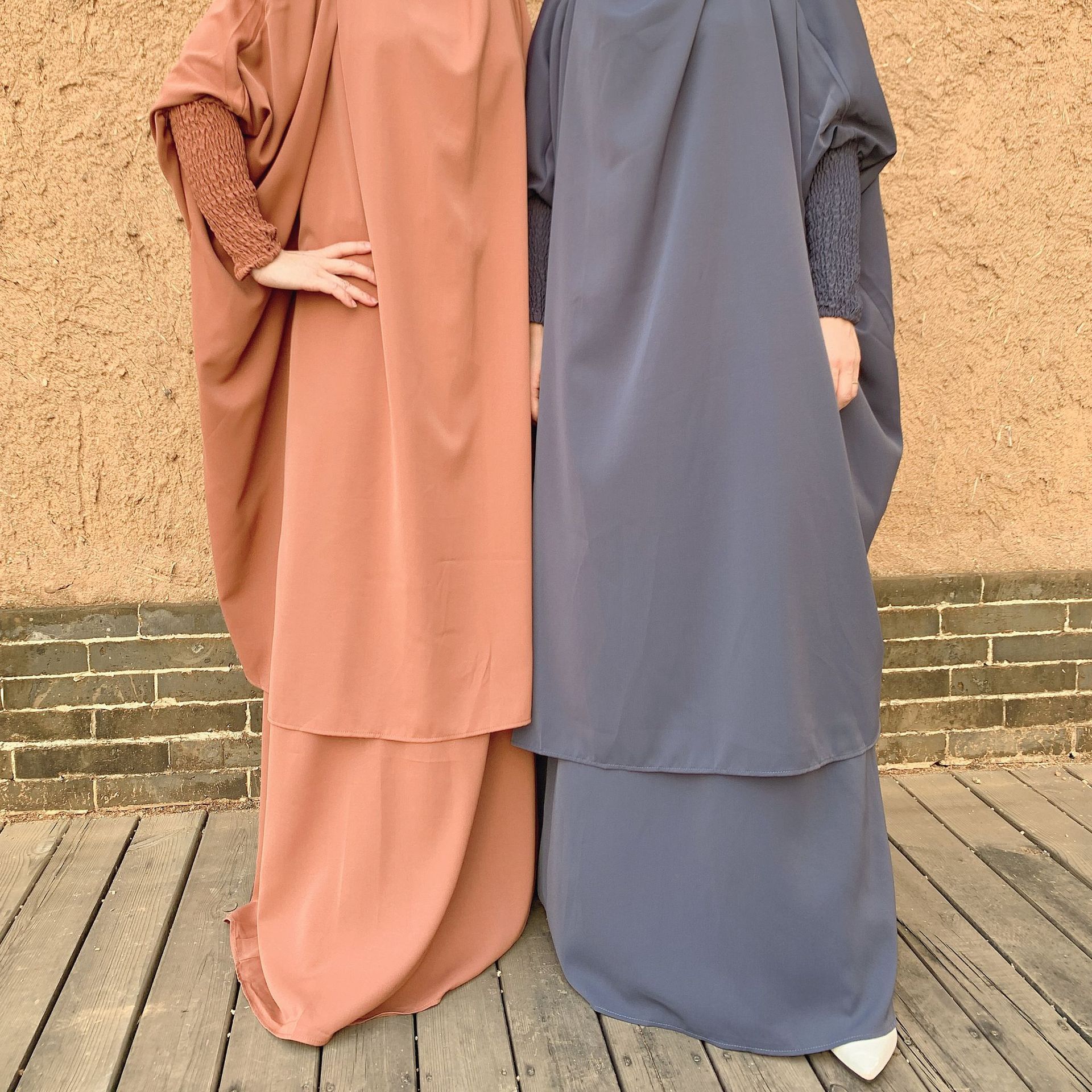 Abaya Amazon Cross-Border Muslim Women's Dress Two-Piece Middle East Turkey Solid Color Long Sleeve Big Swing Robe full figure