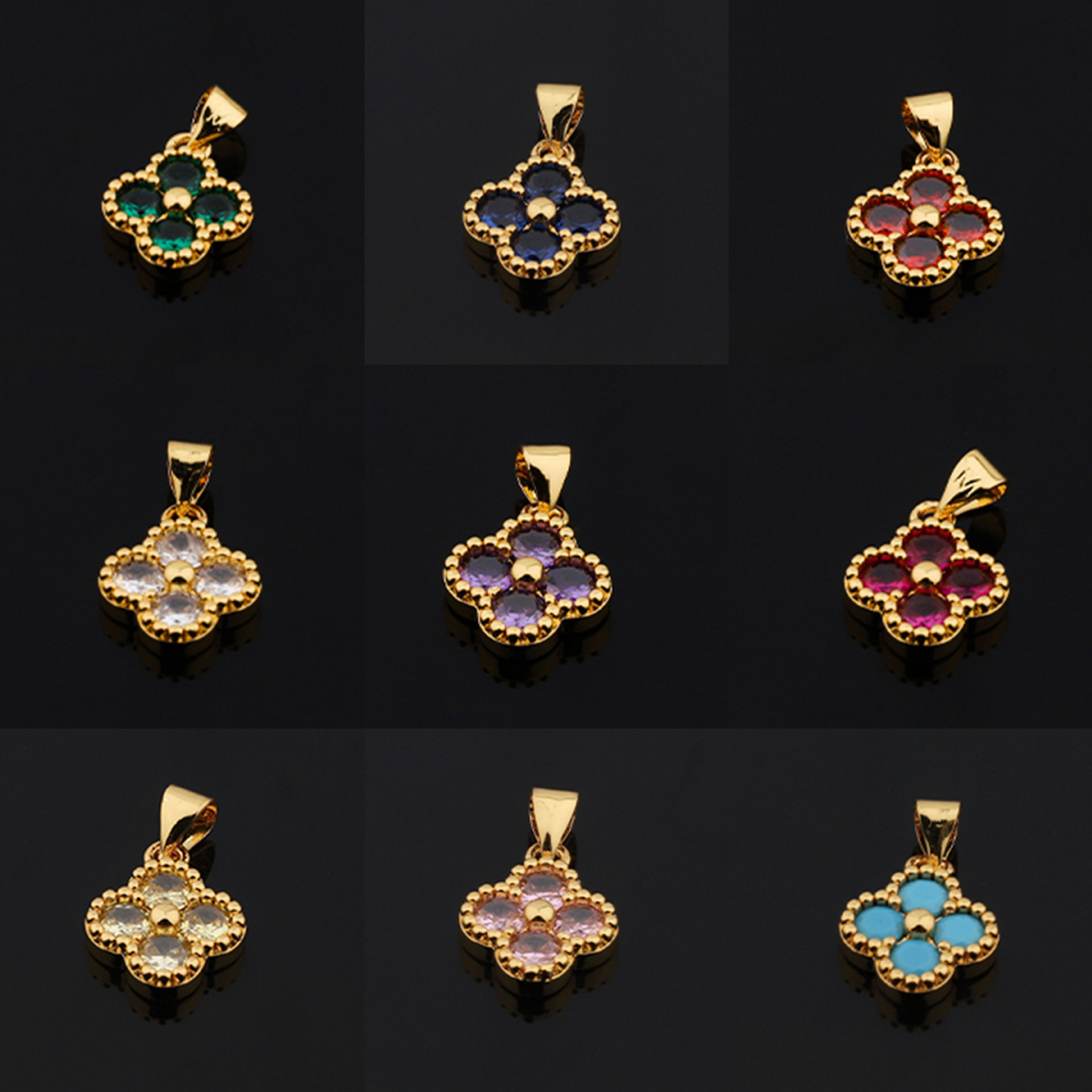 Chuangmei Jewelry 24K gold-plated four-leaf clover gemstone pendant, European and American retro fashion trend zircon pendant for women