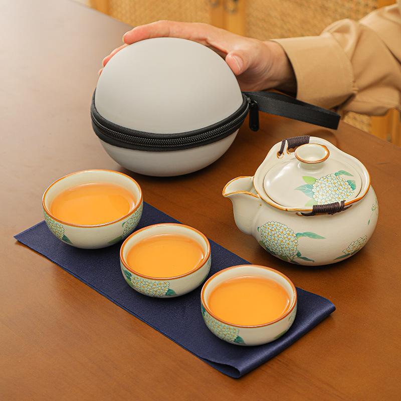 Ru Kiln Quick Guest Cup Portable bag, travel tea set, ceramic kung Fu tea set, one pot, three cups, souvenir gift, printed LOGO details Picture