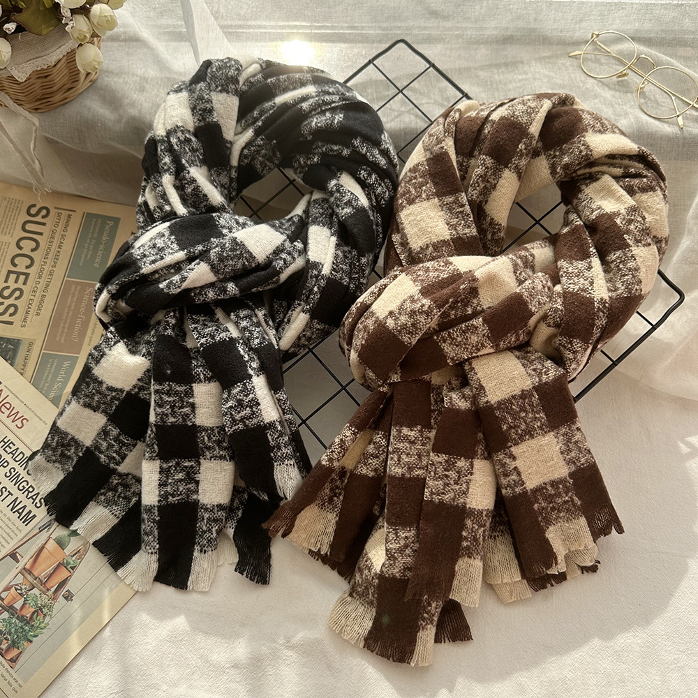 Korean Version Of The New Mohair Scarf Women Winter Warm Fashion Bib Checkerboard Short Beard Men's Scarf Foreign Trade