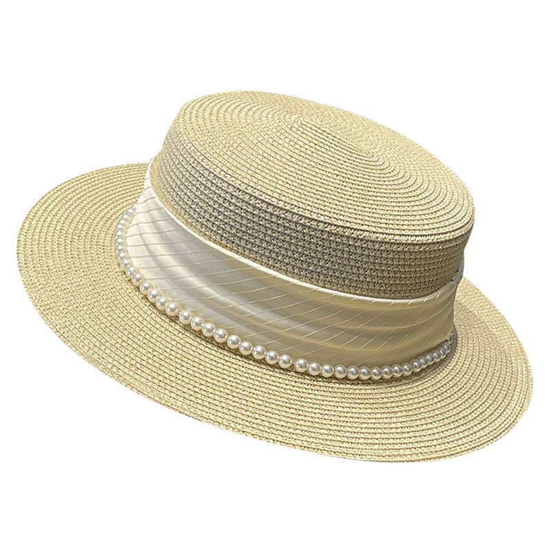 French Socialite Style Flat Top Hat 2023 New Summer Elegant Pearl Grass Braid Beach Sun Protection Hat Children Item Picture