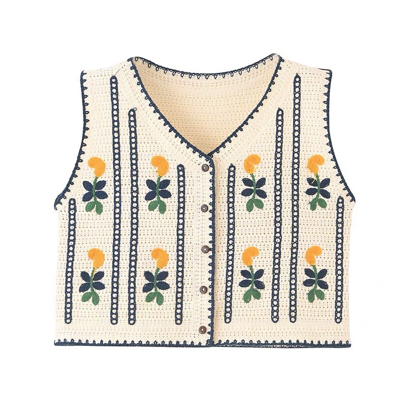 New Korean Version Embroidery V-Neck Knitted Little Waistcoat Women Retro Fashion Hollow-Out Sleeveless Vest Coat Top Item Picture