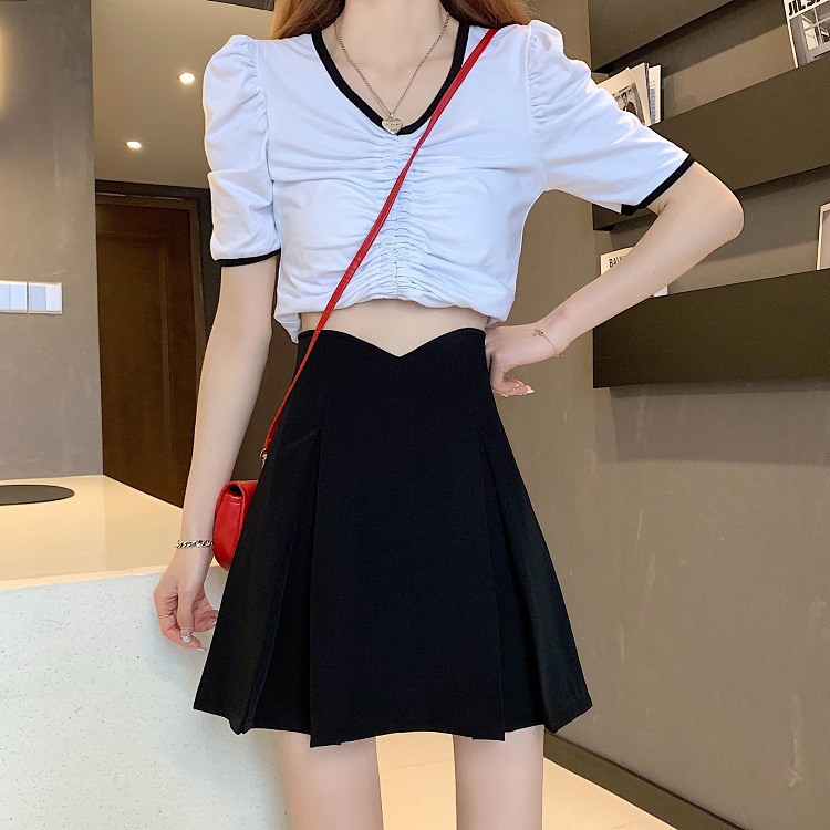 Black Pleated Half Skirt Women Spring And Summer New Small A-Line Skirt High Waist Large Size Anti-Leakage A-Line Package Hip Skirt Specification drawing