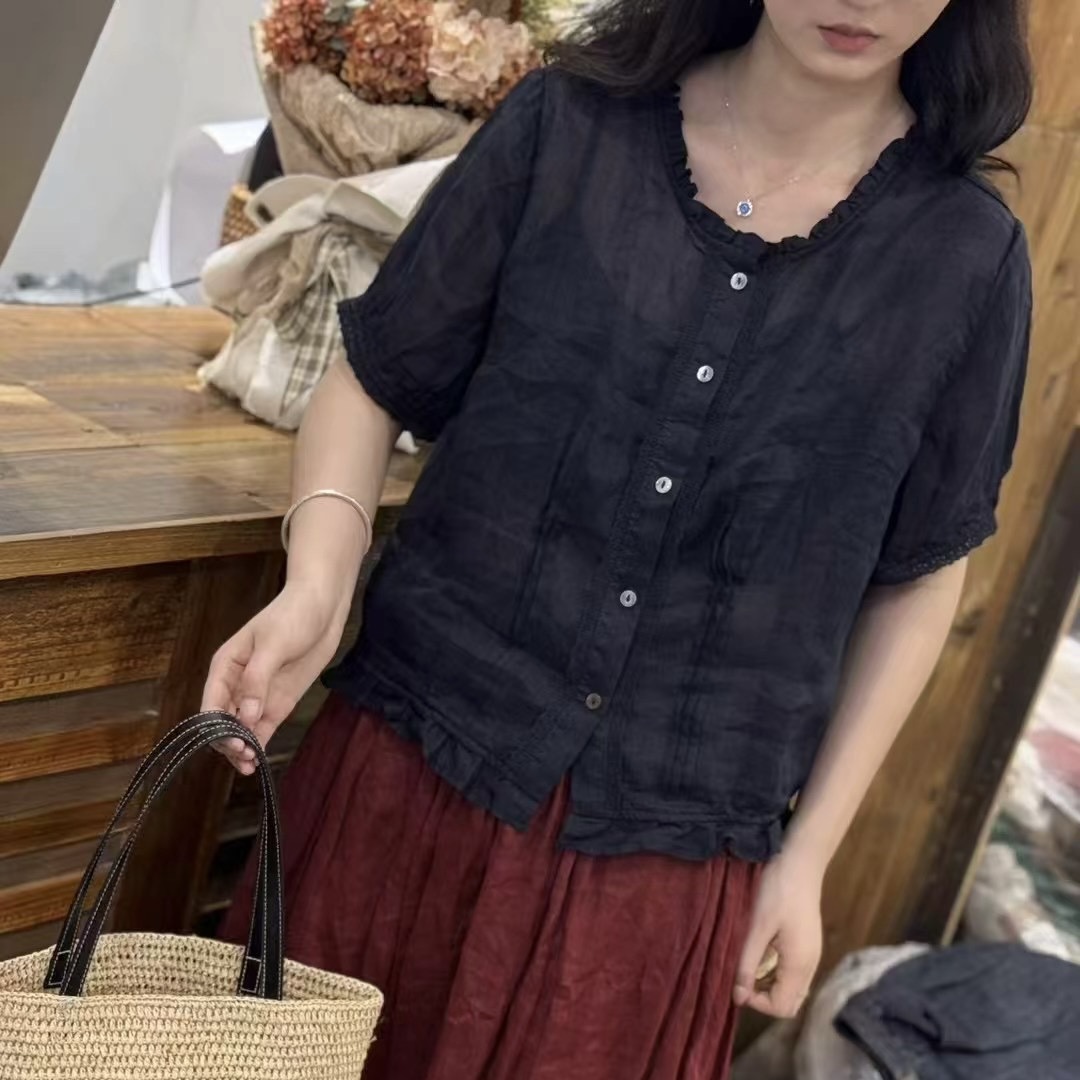 Artistic and elegant ramie lace short-sleeved shirt for women's 2025 summer new style loose cardigan shirt Specification image