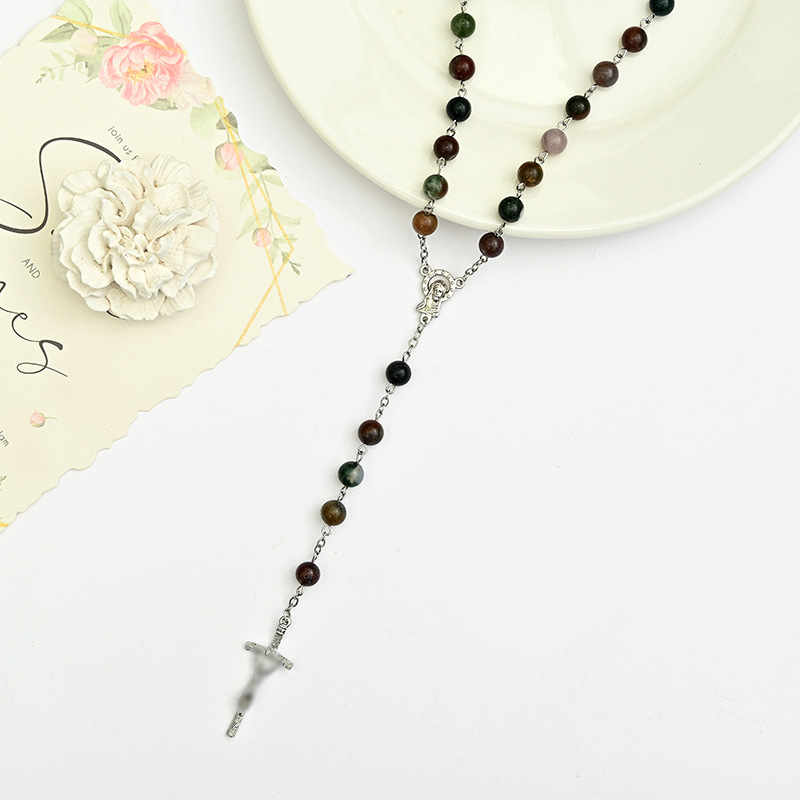 Foreign trade Saint Benedict Cross necklace, gradient rosine cross jewelry, handcrafted curved needle sweater chain, round bead chain
