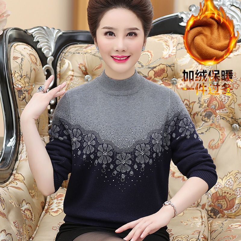 Middle-aged mothers' autumn and winter woolen and thickened sweaters, semi-high-neck fashionable base layers for middle-aged and elderly women's clothing Application Scenario