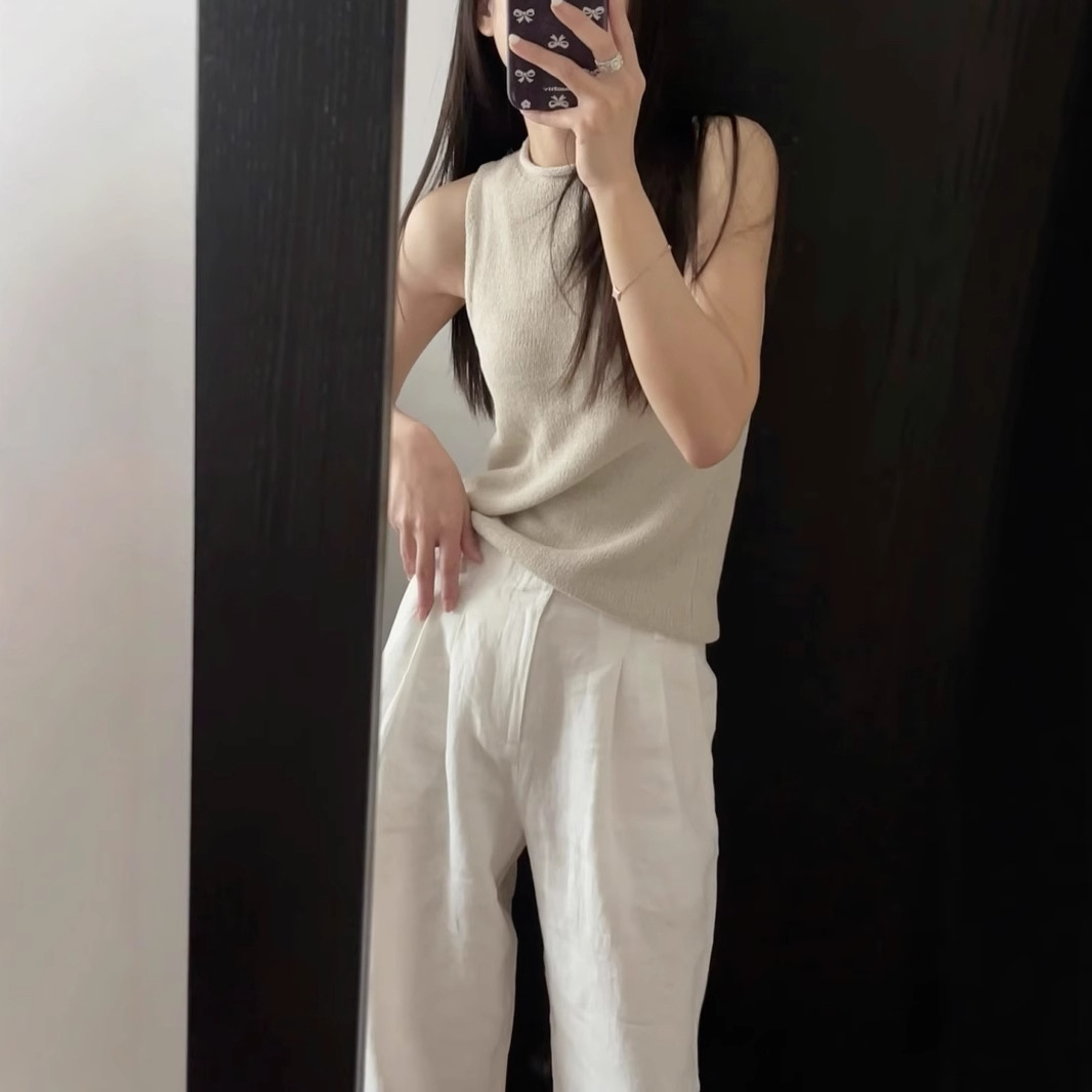 新款百搭多色亚麻棉感粗针织肌理颗粒半高领卷边毛织无袖背心5111详情图4