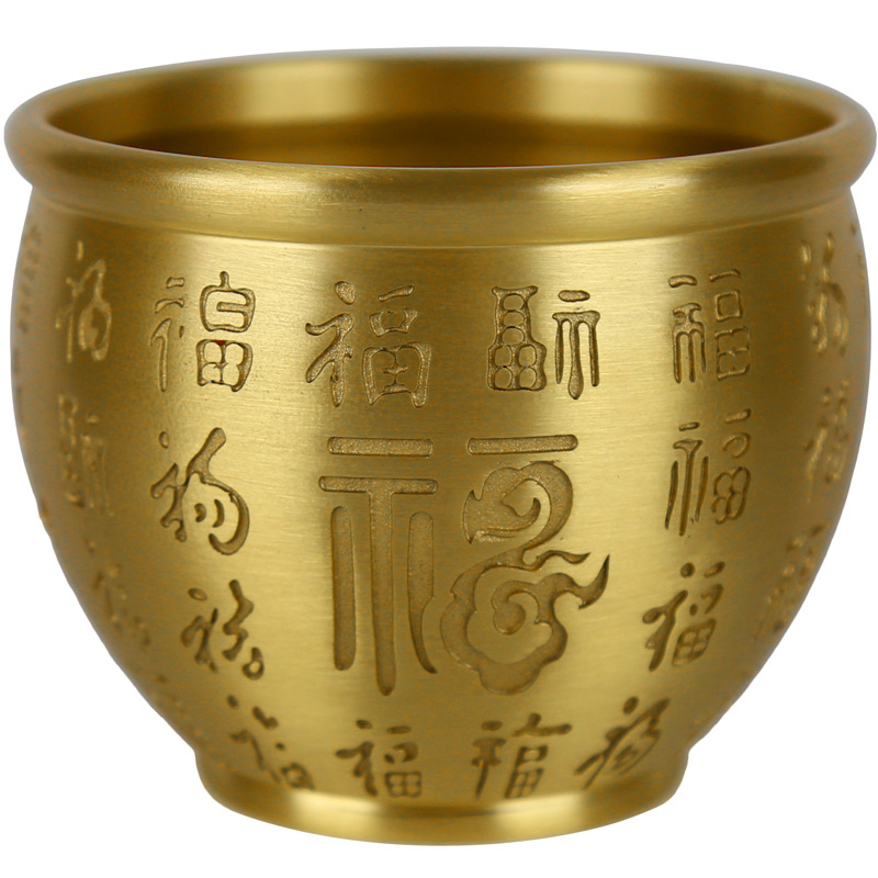 黄铜百福缸纯黄铜聚宝盆黄铜米缸桌面新年过年摆件铜器