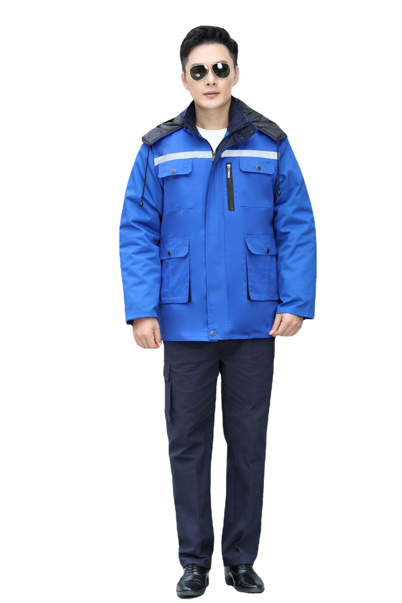 Winter navy blue labor protection cotton-padded jacket, detachable inner liner, winter outdoor cold-proof factory uniform, work clothes, cotton details Picture