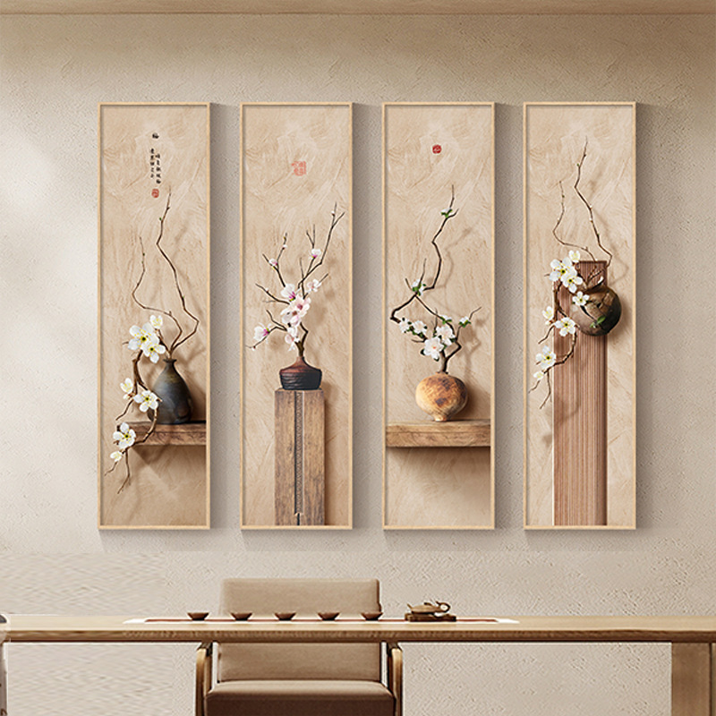 新中式玄关装饰画竖版走廊过道长条挂画高级感禅意茶室背景墙壁画