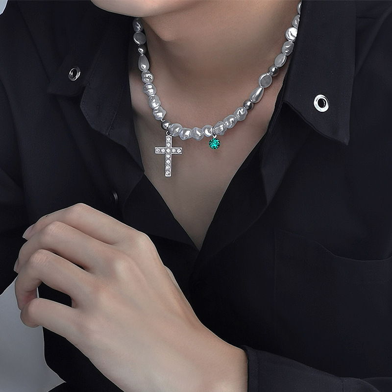 Korean INS cross pearl titanium steel necklace wholesale Ha men and women set titanium steel necklace personality wholesale hair full figure