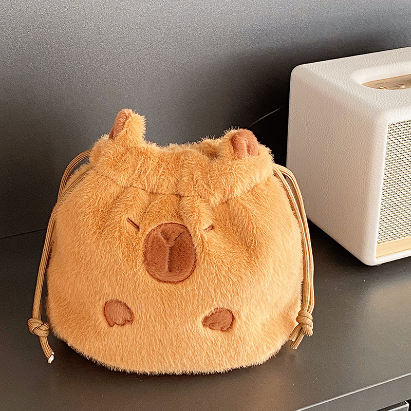 ✅ Cute plush kapibara drawstring pocket travel cosmetics camera polaroid storage bag hand details Picture