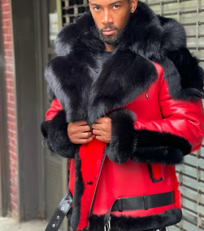 wish on AliExpress Independent Station: Enlarged and thickened fur collar, one-piece red men's leather jacket 6553 Application Scenario