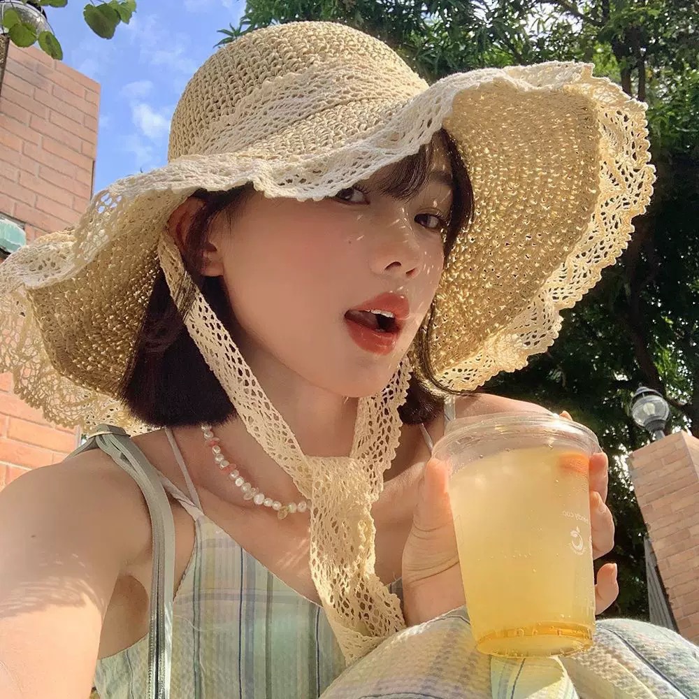 Brand [Sondona] Cross-border wholesale of sun hats and straw hats, lace lace beach hats, straw hats, women's summer rolled-up edges, seaside hollowed-out Lafite sun hats, large brims details Picture