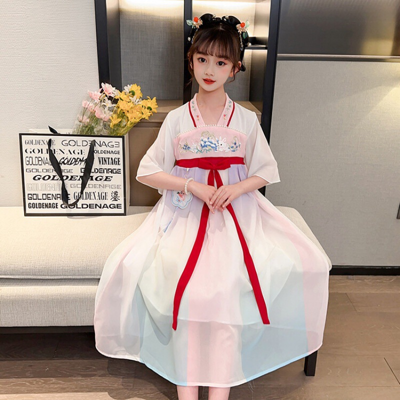 Hanfu Girl Spring Thin Chinese Wind Dress Ancient Super Fairy Spring Little Girl Children Tang Suit Wholesale Specification drawing