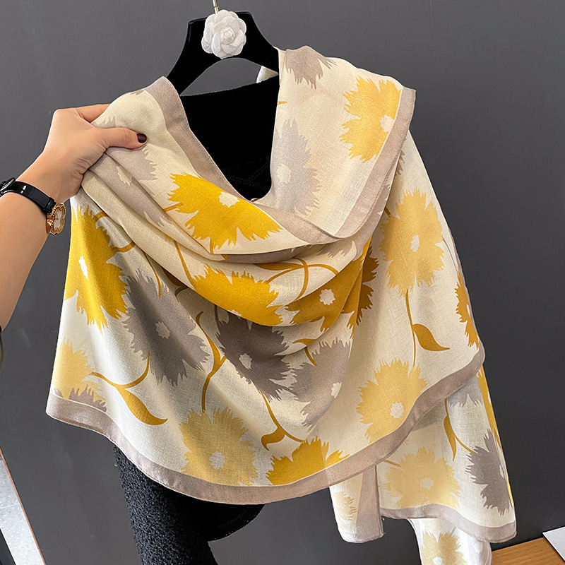 Soft Cotton Linen Floral Scarf For Women Spring Autumn 2023 New Blue Silk Scarf Mom Coat Popular Shawl Bib Application Scenario