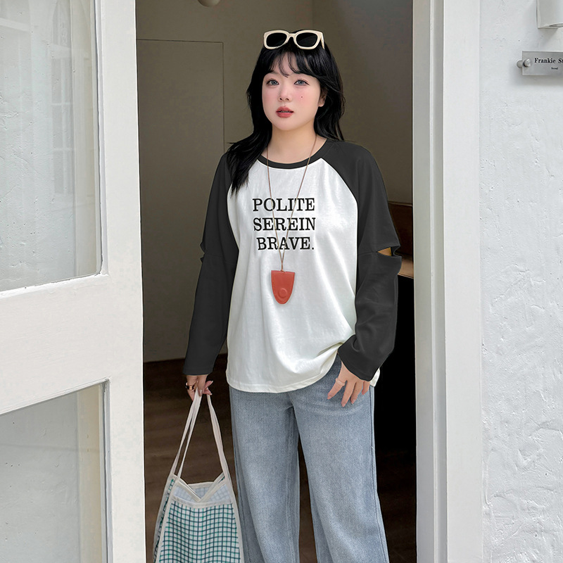 Ino plate-size women's casual off-the-shoulder sleeve with contrasting letters loose T-shirt for spring, laid-back and slimming top 122023 details Picture