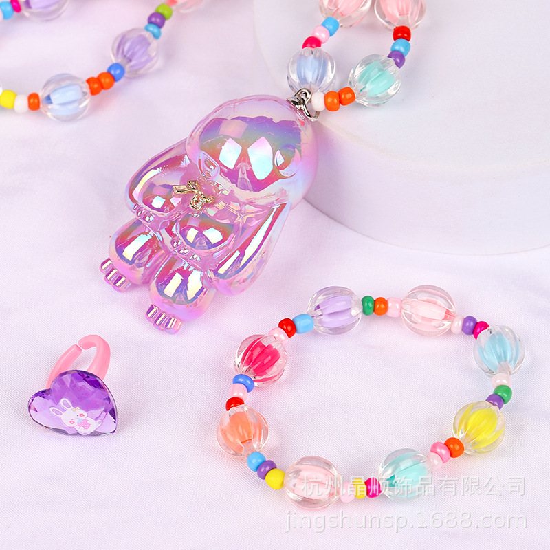 Cartoon Rabbit Glitter Necklace Three-Piece Set Ring Bracelet Beaded Baby Toy Gift Girls Jewelry Specification drawing