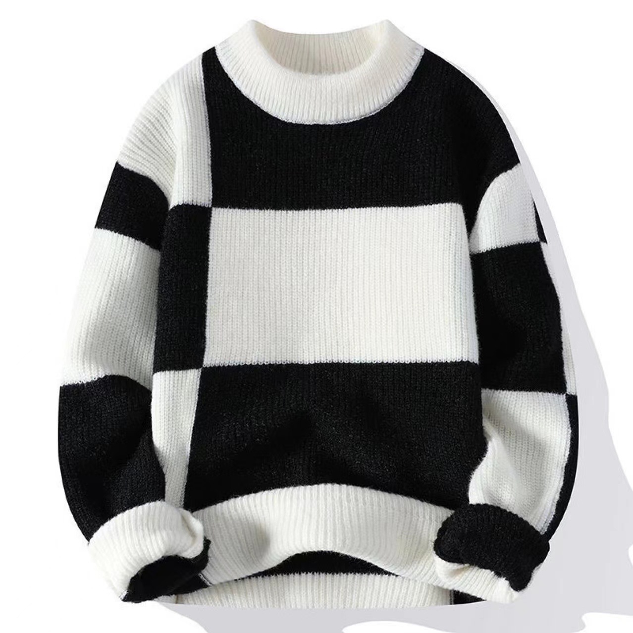 Men's round-neck sweater, winter color-blocking casual thickened men's woolen sweater, new Hong Kong-style knitted sweater, winter warm top Application Scenario