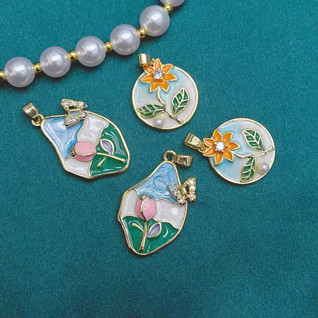 Pearl necklace, melon seed buckle pendant, oil drip painting style rose, DIY pearl necklace, sweater chain accessory, new style