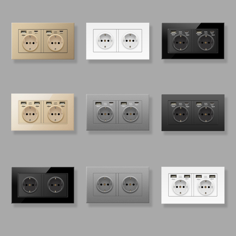 Type 146 European standard German USB socket panel French standard German standard Typec+USB European standard 16A tempered glass panel full figure