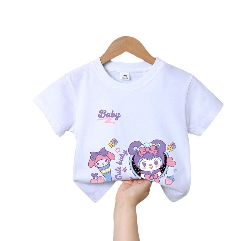 Summer 2024 Sweet Girls' short-sleeved Little princess short-sleeved pure cotton new children's clothing, large children's loose clothes with print Item Picture