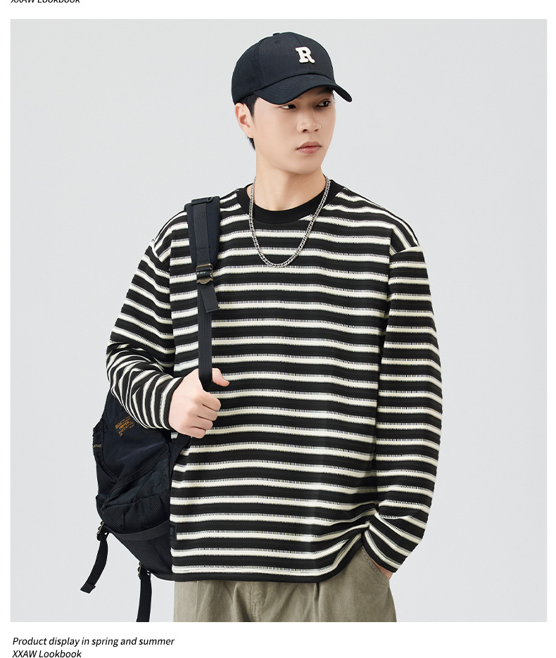 Black striped long-sleeved T-shirt for men, a loose and contrasting color round soul base layer top from the 2025 autumn fashion brand pic 13