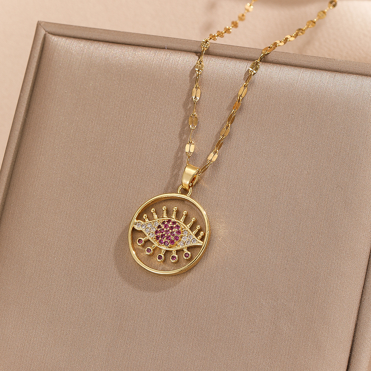 Cross-Border Europe And The United States Retro Copper Inlaid Color Zirconium Round Necklace Stainless Steel Chain All Women Accessories Devil's Eye Pendant Specification drawing