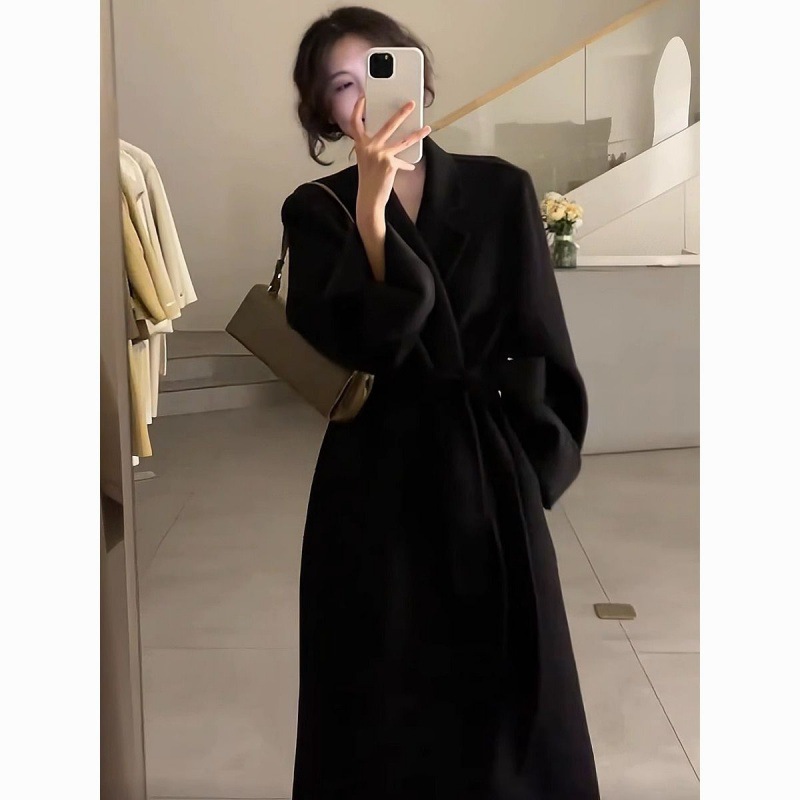 黑色浴袍款双面羊毛大衣女2023秋冬新款韩系宽松中长款呢子外套潮