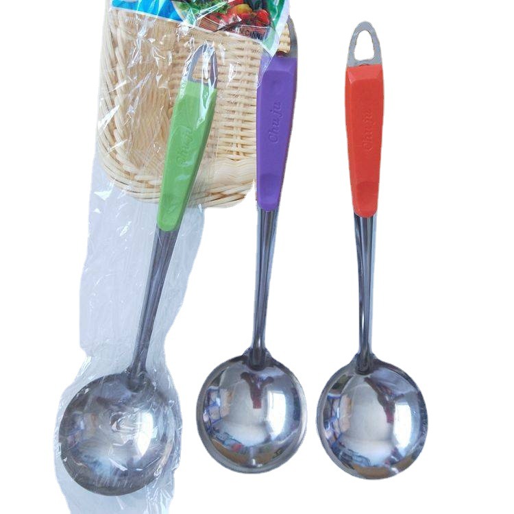 New color-handled soup spoons, stainless steel hot pot spoons, hanging long-handled soup spoons, mutton spoons, and metal mesh strainer spoons Item Picture