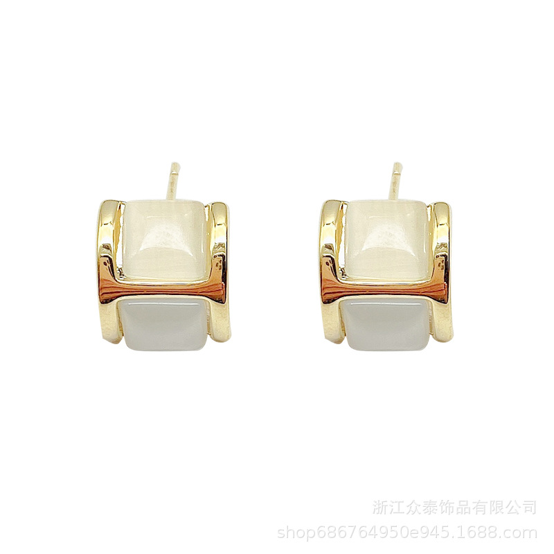 欧比爆款 简约H 耳钉耳饰 高级感猫眼石时尚通勤简约百搭网红力荐